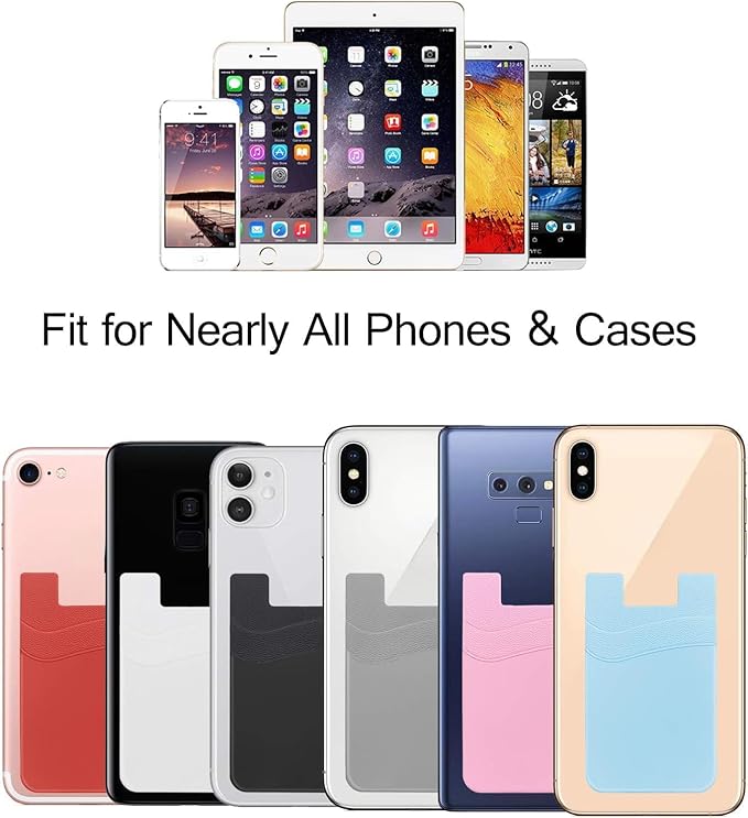 SS Card Holder for Phone Case - Silcone Stick On Credit Card Phone Wallet for Men & Women, Ultra-Thin & Portable, Compatible with iPhone/Android/Samsung Galaxy, Holds Cards & Cash, Hands-Free (6 pack)