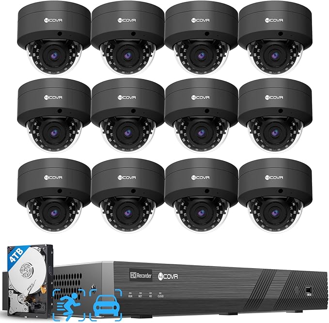4COVR Commercial Security Camera System 4K PoE, 12Pcs IK10 Vandal-Proof 8MP Wired Dome IP Camera IP67 AI Human/Vehicle Detection, 16 Channel NVR 4TB HDD, Business Surveillance Outdoor, LY54AB8M1612
