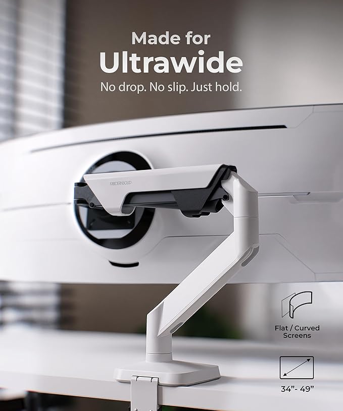Heavy Duty Monitor Arm Desk Mount for 34 to 49 Inch Ultrawide Curved Flat Monitors, Supports 14 to 38 lbs, Smooth Gas Spring Movement, VESA 75x75/100x100, White, Classic