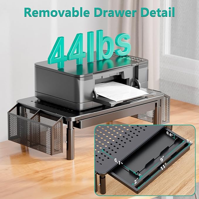 WALI Computer Monitor Stand with Storage, Desk Organizer with Drawer and Pen Holder, Desk Monitor Riser 3 Height Adjustable, Laptop Riser for Computer, Laptop, Printer (STT003DH-B), 1 Pack, Black