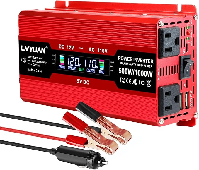 LVYUAN 500W Car Power Inverter 12V to 110V DC to AC with 2 US Sockets, Cigarette Lighter, LCD Display, USB Ports for Car, Home,Outdoor, Camping