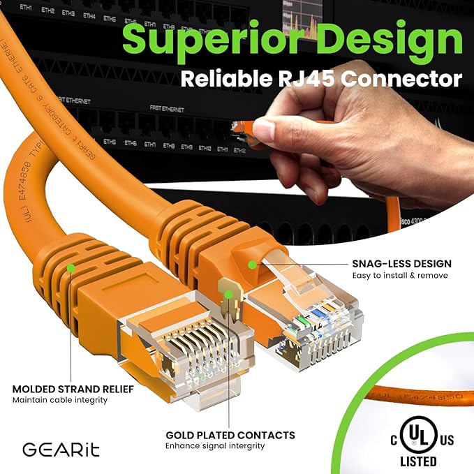 GearIT Cat 6 Ethernet Cable (10-Pack 10 Feet) Cat6 Network Patch, 10Gbps, RJ45, Snagless Cord, Gold-Plated Connectors, Internet for PC, TV, Tablet, Router, Printer, Servers, IT Data Center - Orange