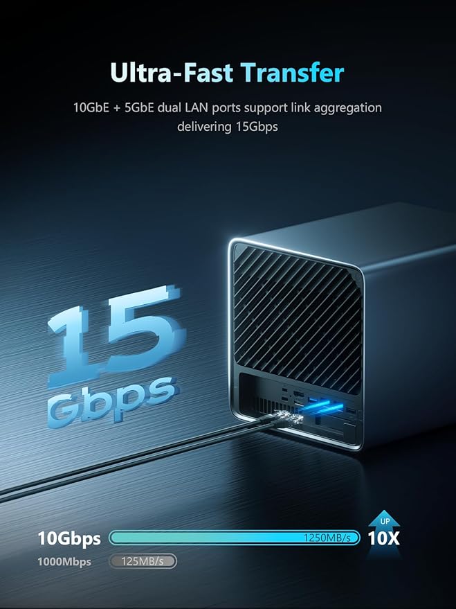 MINISFORUM N5 Pro 5-Bay Desktop AI NAS, AMD Ryzen AI 9 HX PRO 370(12C/24T) CPU, 16GB DDR5, 128G SSD, 1x10GbE, 1x5GbE, 2xUSB4, 8K HDMI, OCuLink, 1xM.2+2xU.2/M.2 Slot, Network Attached Storage(Diskless)