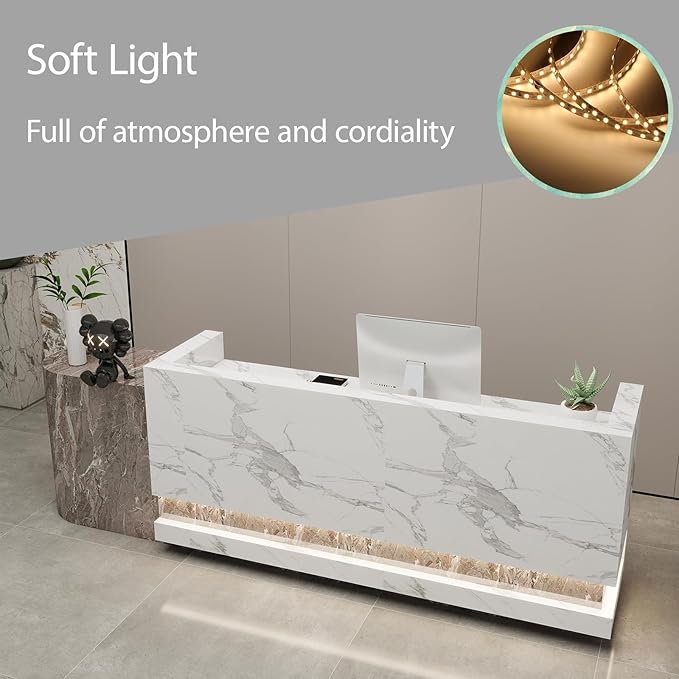 Front Desk Reception Counter - Lockable Storage & Keyboard Tray | Reception Desk with Counter, Customizable Large Counter Table (Grey+White, 68'')