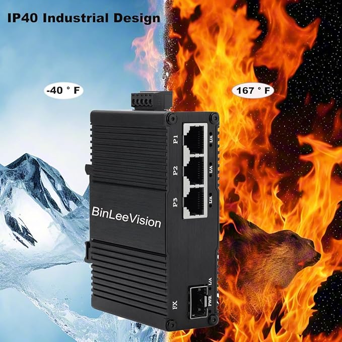 Industrial Mini Gigabit Ethernet Switch 3-Port RJ45 10/100/1000BASE-T+1-Port SFP Slot,Unmanaged Network Switch,Network Hub,Dinrail Mount or Wall-Mount,Plug & Play,Fanless (3 RJ45+1 SFP with PoE)