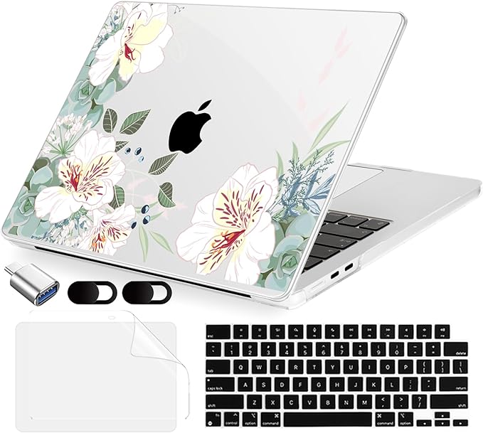 Compatible with MacBook Air 13.6 inch Case, M4 A3240/M3 A3113/M2 A2681 (Released 2025 to 2022), Hard Shell, Keyboard Cover, Screen Protector, Webcam Cover & Type-C Adapter, White Alstroemeria