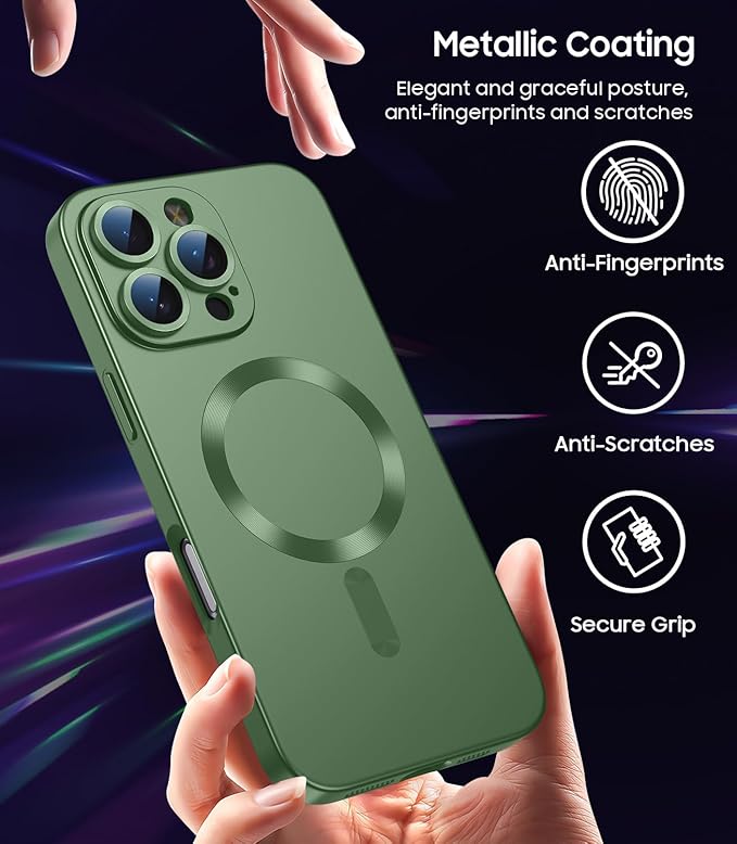 Magnetic for iPhone 16 Pro Case [Compatible with MagSafe][Built-in Camera Lens Protector] Slim Soft Silicone Bumper Shockproof Metallic Luster Phone Case (Green)