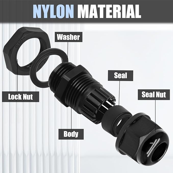 12 Pcs 1/2" NPT Nylon Cable Glands, Black Strain Relief Cable Cord Connector IP68 Waterproof Junction Box Wire Protectors Adjustable for 6-12mm Cable Diameter
