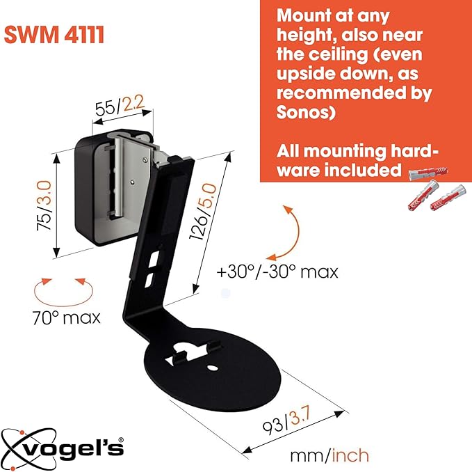 Vogel's SWM 4111 Speaker Wall Bracket for Sonos ERA 100, Max. 11 lbs (5 kg), Tiltable -30º/+30º, Swivels up to 70º (Left/Right), Black, 1 Bracket
