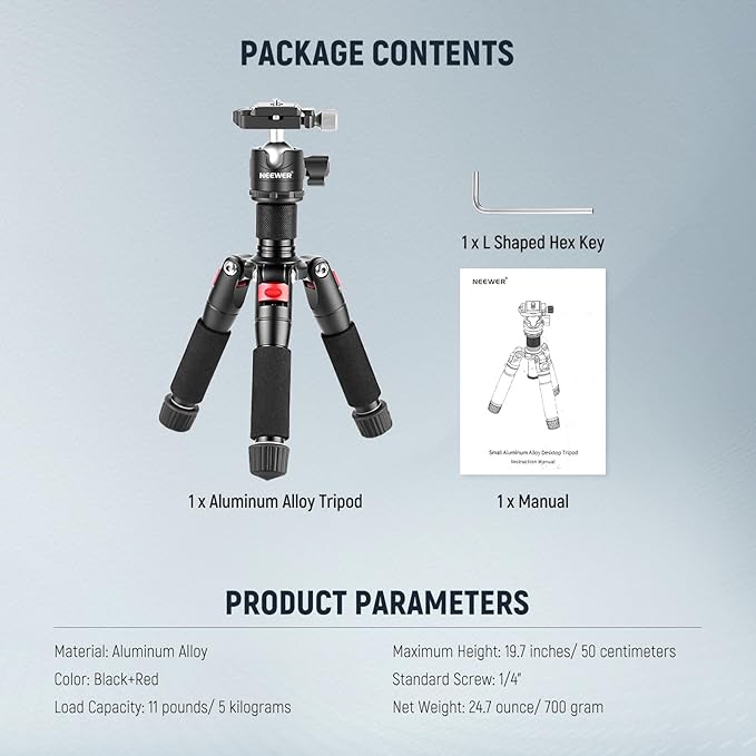 NEEWER Desktop Mini Tripod, 20'' Aluminum Alloy Small Table Top Desk Portable Travel Stand, 360° Ball Head, 1/4" QR Plate for DSLR Camera Camcorder Video Recording, Max Load 11 lbs, Cleaning Cloth
