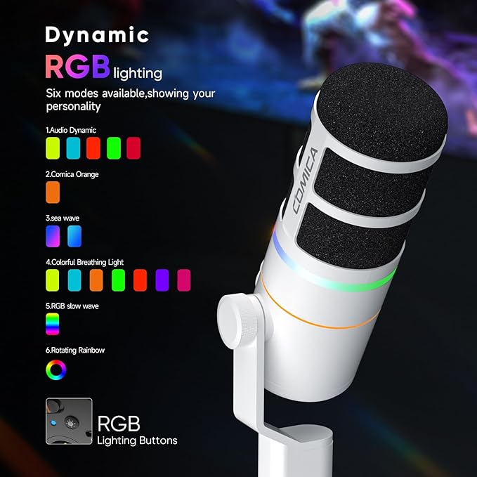 COMICA EJoy D10(A) USB Gaming Microphone – Boom Arm Mic with Noise Cancellation, XLR/USB-C, Real-Time Monitoring, Muting, RGB Professional Studio Mic for Gaming, Streaming, Podcast, Recording (White)
