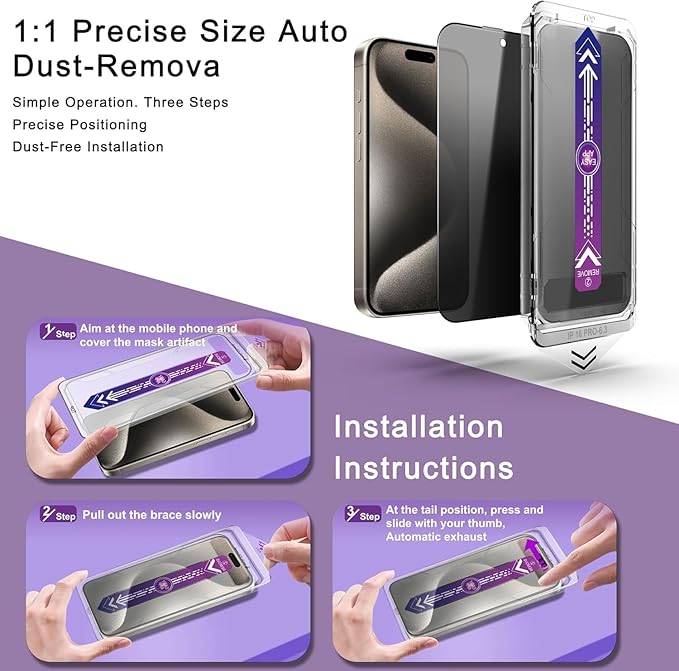 Privacy Screen Protector for iPhone 17 Pro 6.3-Inch, Auto Dust Removal, 9H Tempered Glass, Full Cover, Anti-Fingerprint, Easy Installation,2 Pack