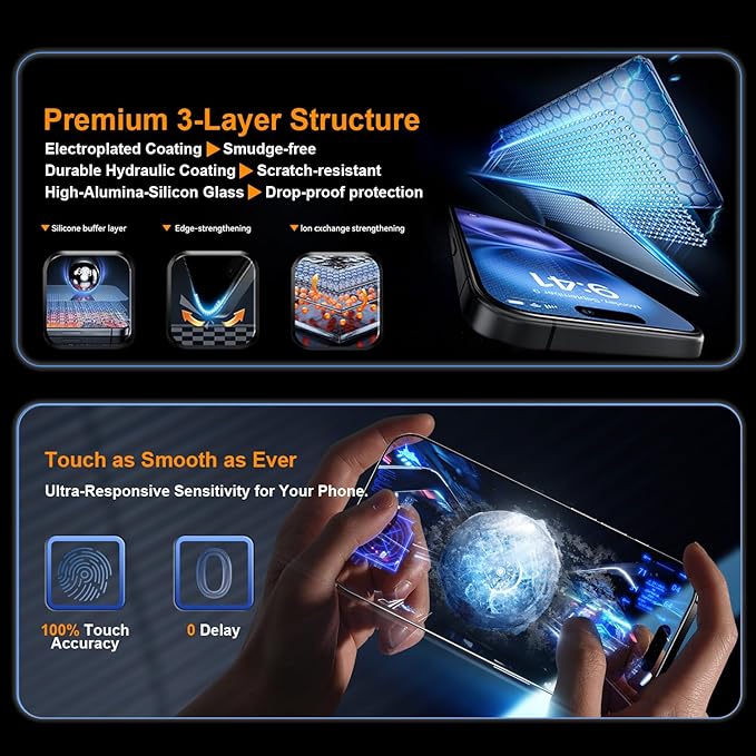 OneFish Glass Screen Protector for iphone 16 Pro, HD Clarity Tempered Glass Film with Installation Frame, 9H Glass Scratch Resistant, Easy Installation, 2Pack.
