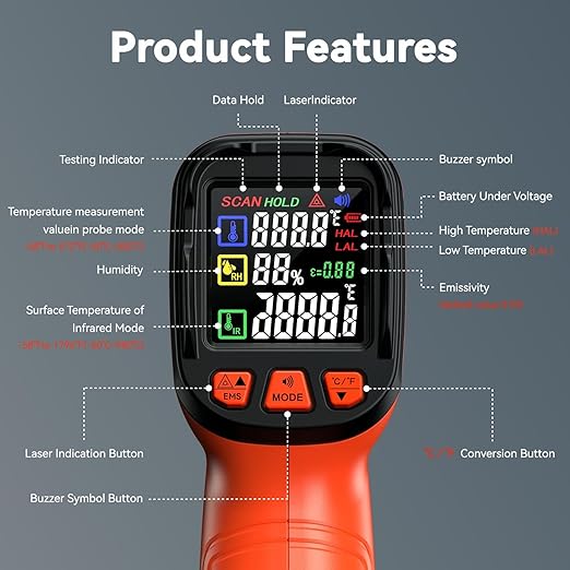 Infrared Temperature Gun -58°F to 1796°F, Dual-Mode Thermometer Gun with K-Type Thermocouple(-58°F to 572°F), Laser Temp Guns for Reptiles, Cooking, Griddle, Oven, 16:1 Home Handheld Thermometer