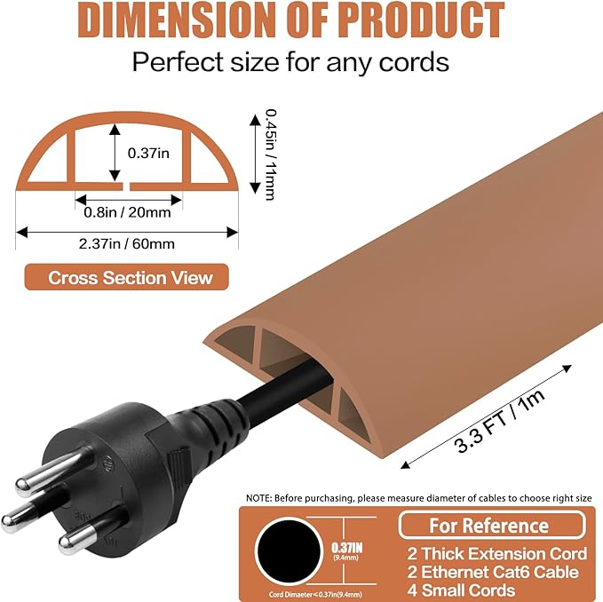 Floor Cord Cover Cavity 0.8"x0.37" Self Adhesive Cord Hider, 3.3FT Low Profile Cable Management, Extension Strip Protector for Wires, Prevent Cable Trips for Offices, Gyms, Exhibitions（Brown）