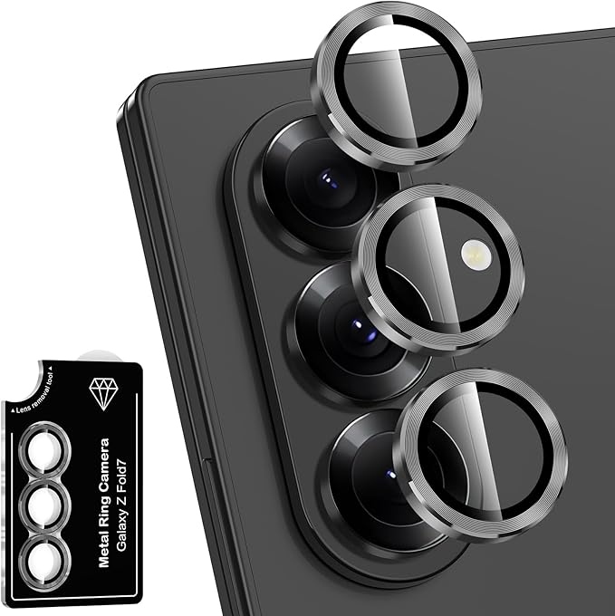 for Samsung Galaxy Z Fold 7 Camera Lens Protector, Individual Metal Ring Tempered Glass Lens Cover, [Strong Adsorption] Scratch Resistant Ultra-Thin HD Clear Lens Cover, 1 Set-Black