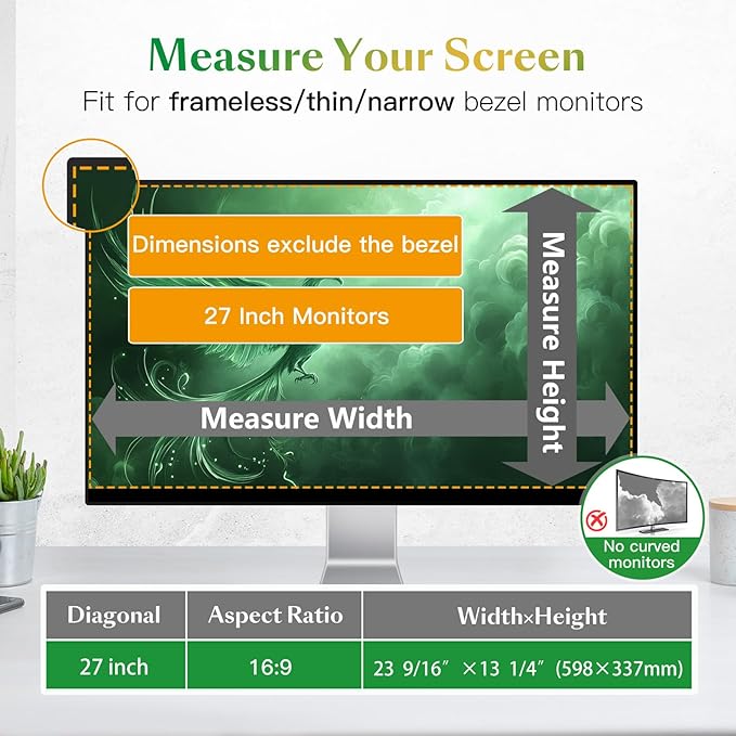 Magnetic Computer Privacy Screen Filter 27 inch for 16:9 Widescreen Monitor Desktop PC, 27in Hanging Removable Anti Blue Light Glare Eye Protection Shield, Anti Spy Screen Protector Panel