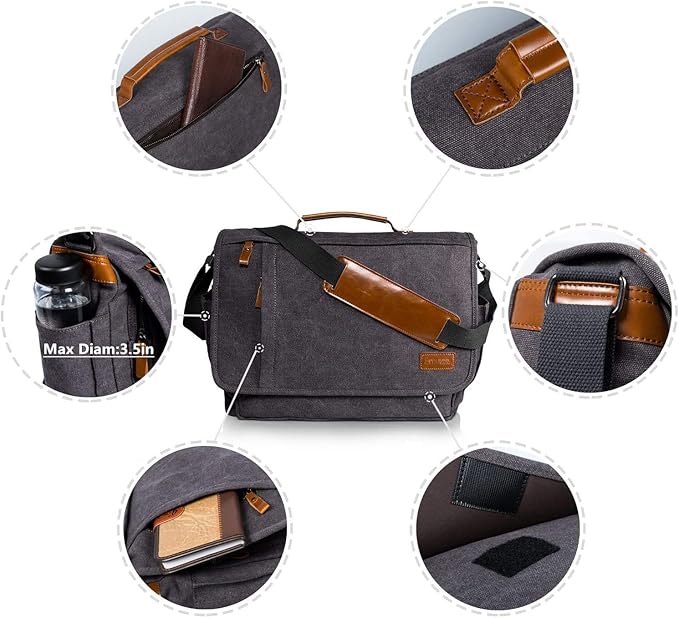 ESTARER Computer Messenger bag Water-resistant Canvas Shoulder Bag 15.6 Inch Laptop for Travel Work, Grey