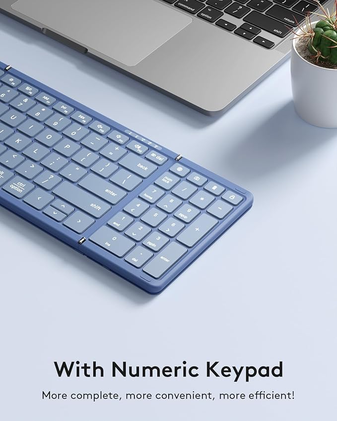 Samsers Foldable Bluetooth Keyboard with Numeric Keypad, Full-Size Wireless Folding PU Leather, Portable Travel for iOS Android Windows Mac OS, Support 3 Device(BT5.1 x 3) Blue