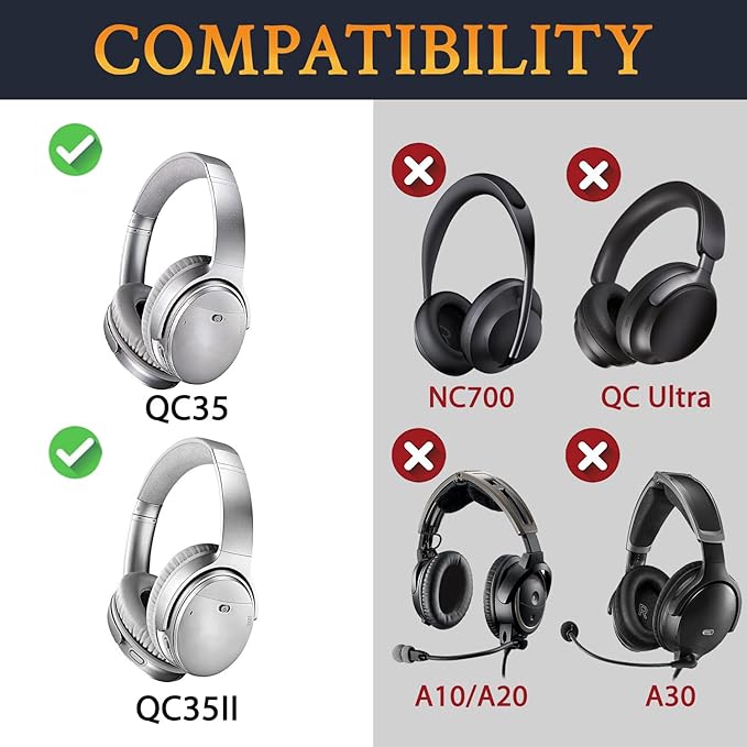 SoloWIT Replacement Earpads Cushions for Bose QuietComfort 35 (QC35) & Quiet Comfort 35 II (QC35 ii) Headphones, Ear Pads with Softer Leather, Noise Isolation Foam, Added Thickness (Grey)