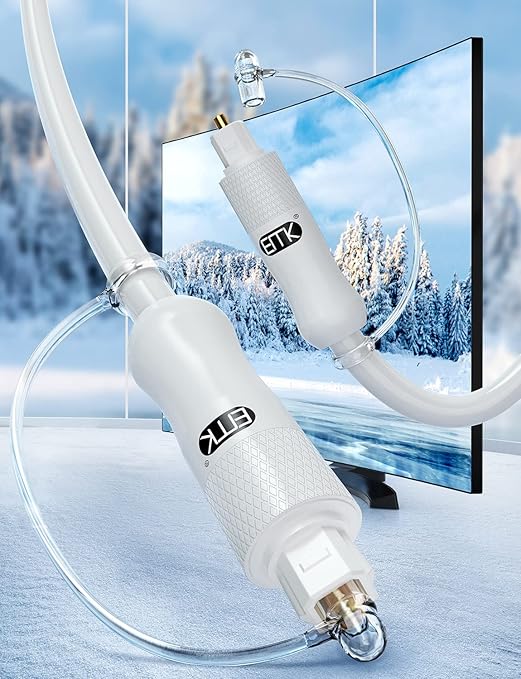 EMK White Optical Audio Cable [15ft/5M] - Digital SPDIF Toslink Fiber Optic Cable for Sound Bar, TV, Home Theater, Blu-ray Player - White, High-Speed, Low-Loss, Gold-Plated Connectors