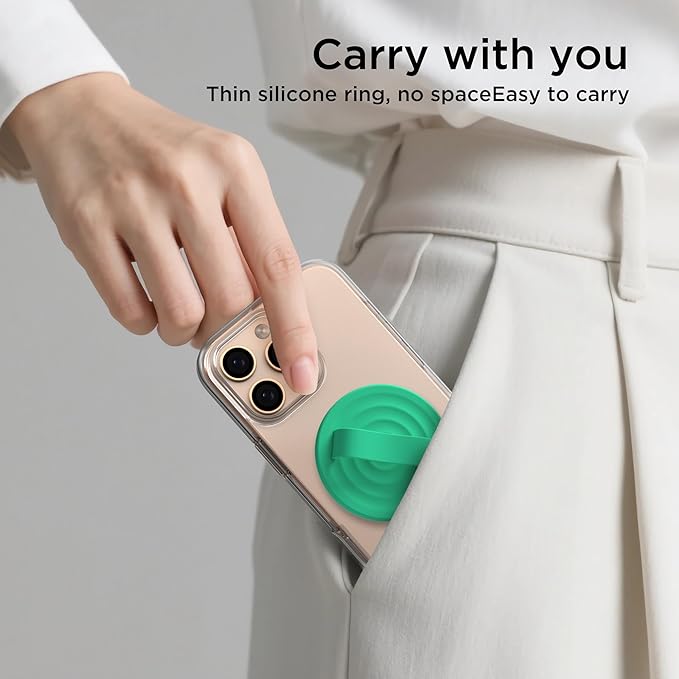 Magnetic Phone Ring Grip Holder, Silicone Finger Loop Grip, Compatible with MasSafe, Back of Phone for iPhone Pro Max/Plus/16/15/15/14/13/12 Series, Emerald Green