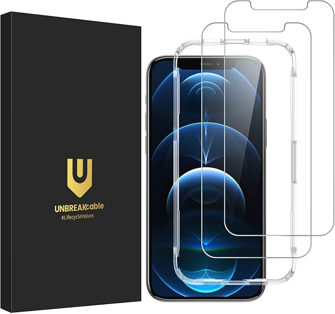 UNBREAKcable Shatterproof Tempered Glass Screen Protector for iPhone 12/12 Pro [2-Pack] [99.99% HD Clear] [Easy Installation Frame] [9H Hardness] [Full Coverage] [Bubble Free] for Apple 6.1''