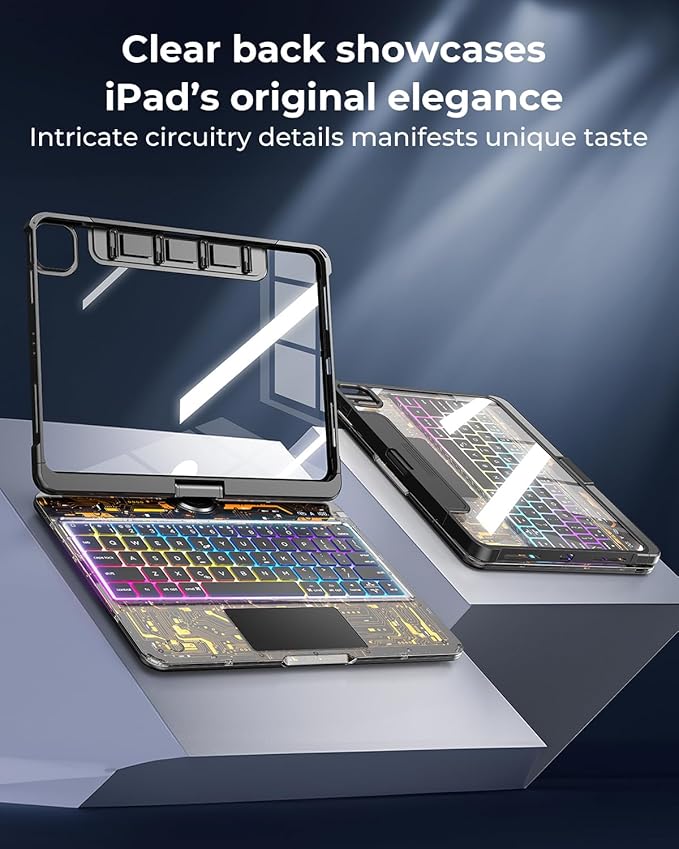 SIEBITU Clear Wireless Keyboard Case for iPad Air 13-inch (M3 2025/M2 2024) & iPad Pro 12.9-inch 6th 5th 4th 3rd Gen with Pencil Holder, Multi-Touch Trackpad & 7-Color Backlit, 360°Rotating, Black
