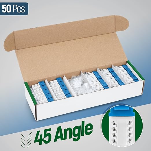Everest 45° Angled RJ45 Cat6A Keystone Jacks 50-Pack in Blue - Slim Profile Female RJ45 Connectors - Cat 6A Keystone Jack - Compatible with 45° Angled Speed Termination Tool - 45Term (B0BL3GS7ZY)