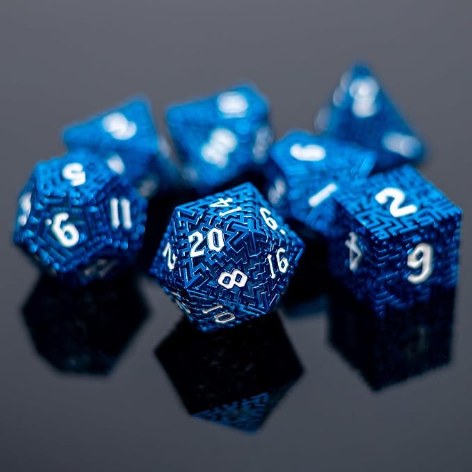 Blue Metal Hollow DND Dice Set (Wizard) Metallic Luster Maze Design with Storage Box - Balanced Weight 7 Piece Zinc Alloy, designed for Dungeons and Dragons DMs and Players RPG Accessories