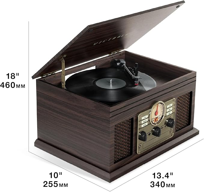 Victrola The Quincy 6-in-1 Bluetooth Record Player & Multimedia Center with Built-in Speakers – 3-Speed Turntable, CD & Cassette Player, AM/FM Radio, Wireless Music Streaming (Mahogony)