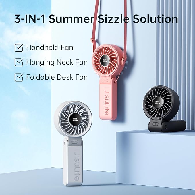 JISULIFE Handheld Fan Life7 – Ultimate Flexibility: High-Power Motor, LED Display, 13 Hrs Cooling, 3600mAh Rechargeable, 5-Speed, Foldable Design, 3-IN-1 Portable Fan for Travel Cruise Beach(Pink)