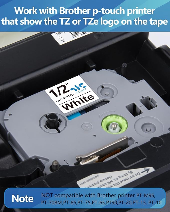Weemay 1/2" Label Maker Refills Compatible for Brother Tze Tz Tape 12mm 0.47 Laminated White, for Ptouch Label Maker Machine Cube PTD210 PTP701BT PTD220 PTH110 PTH110BP PTH111 PTP750W PTD600, 6 Pack