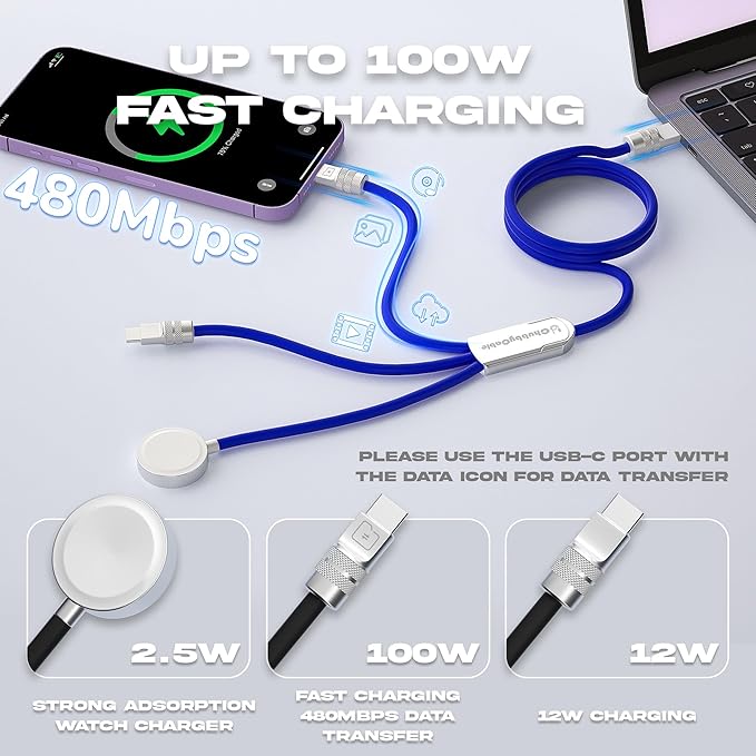 chubbycable Tri-Flex 3 in 1 USB C Cable for Apple Watch Charger Silicone 100W Multi Charging Cable Fast Charge Compatible with iPhone 16/15 Series iWatch iPad Airpods MacBook, 4.1FT, Dark Blue