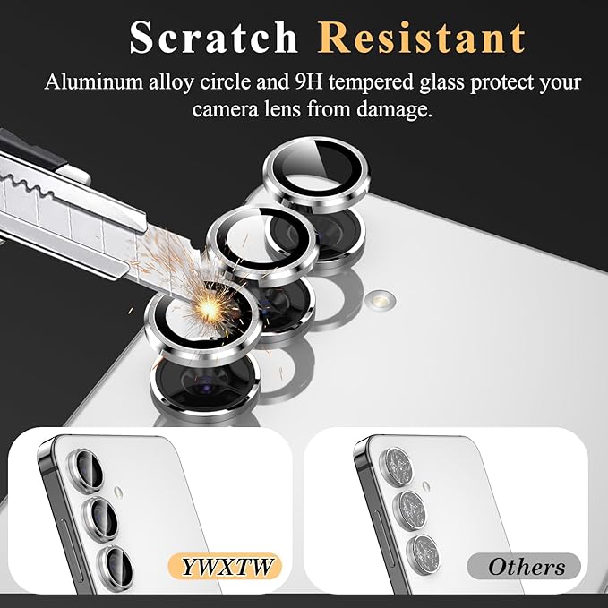YWXTW Camera Lens Protector for Samsung Galaxy S24 / S23 / S23 Plus, [NOT for S24 Plus] 9H Tempered Glass Metal Individual Ring Camera Screen Protector for S24 Accessories (Silver)