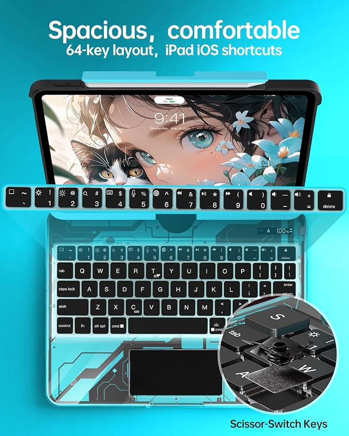Intermerge Clear A16 11th (2025) & 10th Generation 10.9" Case with Keyboard, 360° Transparent Multi-Touch Trackpad, 7-Color RGB Keyboard, Pencil Holder, Type-C, Power Indicator, Aqua Pulse