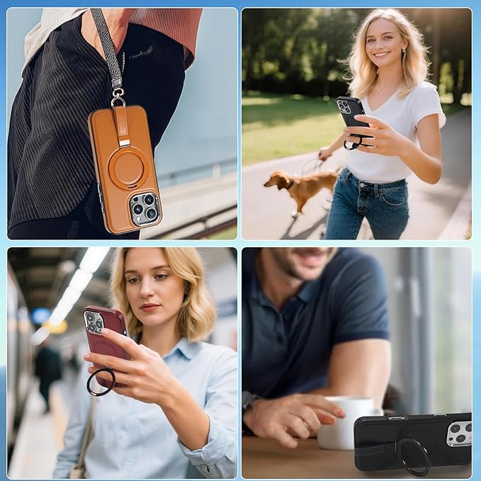 Leather Case, Suitable for iPhone 16 Pro Max Case, Invisible Magnetic Design, Equipped with a Lanyard and Foldable Stand, Black, Yellow and red (Black, iPhone 16 Pro Max)