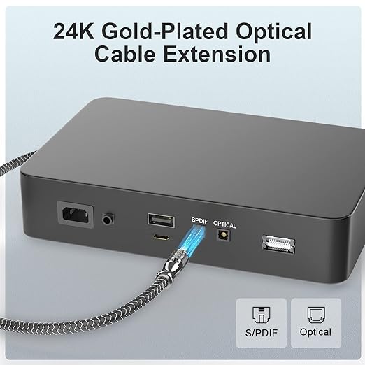 EMK Optical Cable Extension, 24K Gold-Plated Optical Audio Cable Toslink Female to Male Audio Extended Cable Compatible for Sound Bar (1.5 Feet/0.5M, Optic Extension, Silver2)