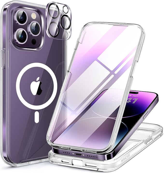Miracase Magnetic for iPhone 14 Pro Case 6.1 inch, (Compatible with MagSafe) Upgrade Full-Body Clear Phone Bumper Case with Built-in 9H Tempered Glass Screen Protector, Magnetic Clear