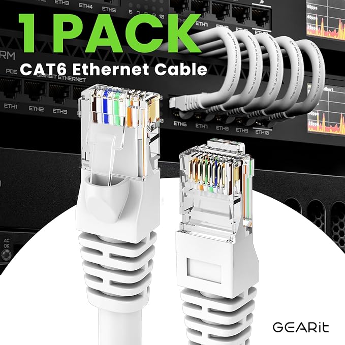 GEARit Cat 6 Ethernet Cable (1-Pack 50 Feet) Cat6 Network Patch, 10Gbps, RJ45, Snagless Cord, Gold-Plated Connectors, Internet for PC, TV, Tablet, Router, Printer, Servers, IT Data Center - White