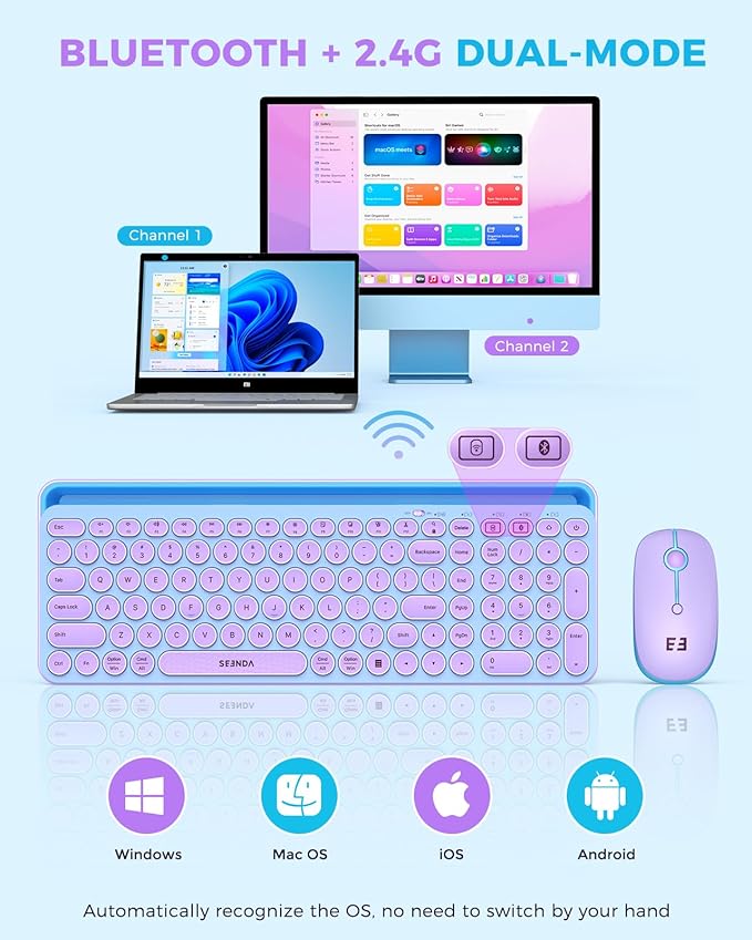 seenda Bluetooth Keyboard and Mouse for iPad, CTU-301 Multi-Device Bluetooth + 2.4G Wireless Keyboard Mouse with Tablet Holder for MacBook/Windows Computer, iOS/Andriod Tablet Phone, Blue & Purple