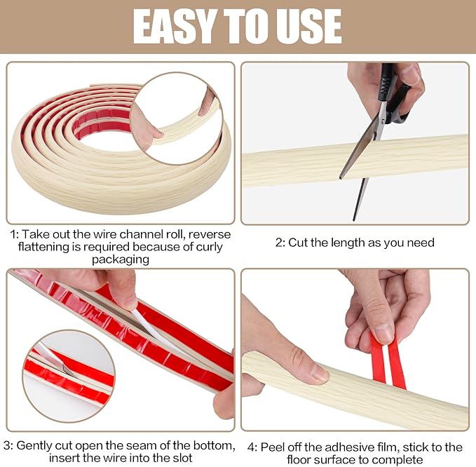 Floor Cord Cover Self Adhesive Cord Hider,10FT Cable Management, Extension Strip Protector for Wires, Prevent Cable Trips for Offices, Gyms, Exhibitions Cavity:0.39"(W) x 0.27"(H) Yellow Wood