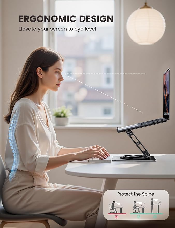 Lamicall Adjustable Laptop Stand for Desk - 360 Rotating Base Ergonomic Computer Stand, Aluminum Laptop Riser Foldable Protable for Office Home fits MacBook Air Pro, Dell, HP (10-17.3'') - Black