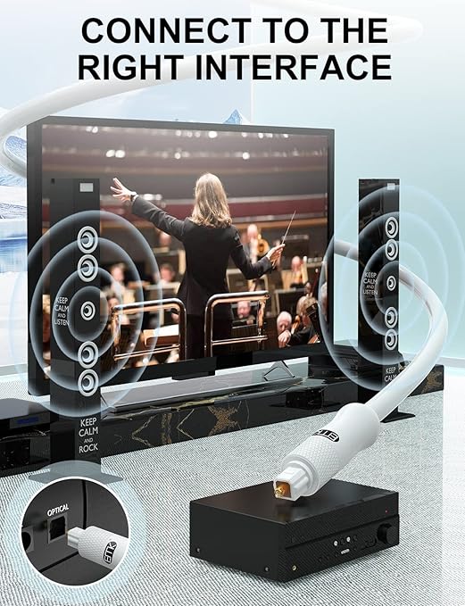 EMK White Optical Audio Cable [15ft/5M] - Digital SPDIF Toslink Fiber Optic Cable for Sound Bar, TV, Home Theater, Blu-ray Player - White, High-Speed, Low-Loss, Gold-Plated Connectors