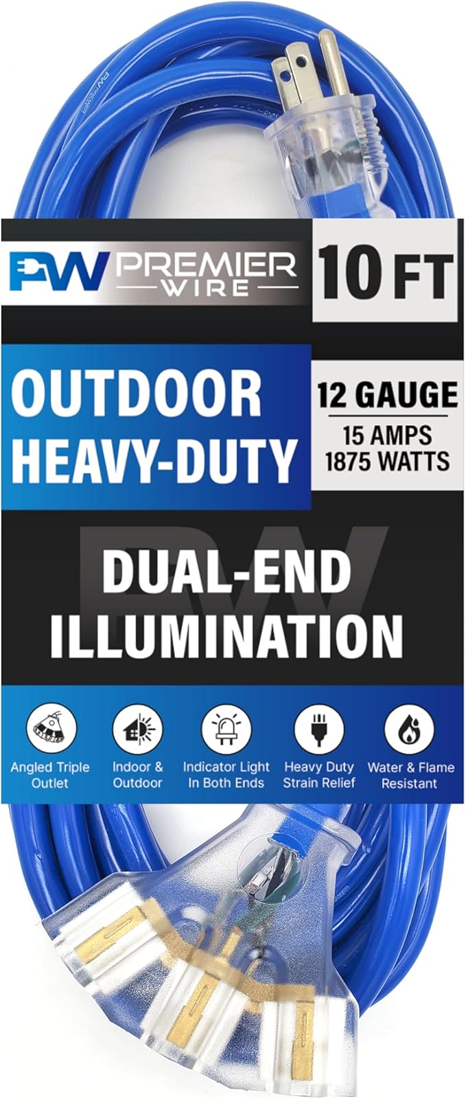 10 ft - 12 Gauge Heavy Duty Extension Cord - Lighted on Both Ends - SJTW Blue - Outdoor Extension_Cord Waterproof 10 ft by Premier Wire - 15 Amp ExtensionCord (10 Foot 12-Awg Power Cord Blue)