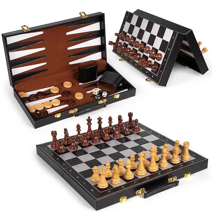 Chess Checkers Backgammon Set 3-in-1 Board Games Sets for Kids & Adults，15" Folding Magnetic Chess Set Leather Chess Board Strategy Game Portable Travel Chess Game with Magnetic Chess Pieces