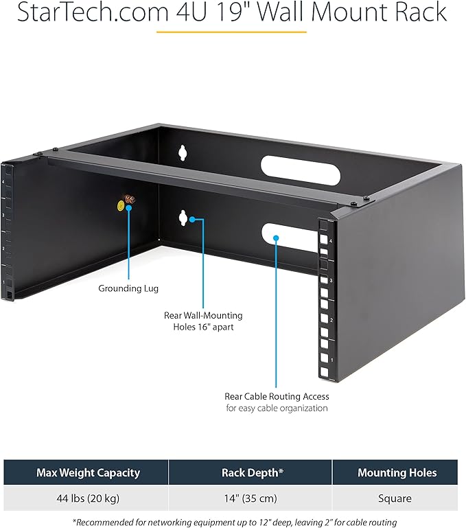 StarTech.com 4U Wall Mount Network Rack - 14 Inch Deep (Low Profile) - 19" Patch Panel Bracket & com 8 Outlet Horizontal 1U Rack Mount PDU Power Strip for Network Server Racks