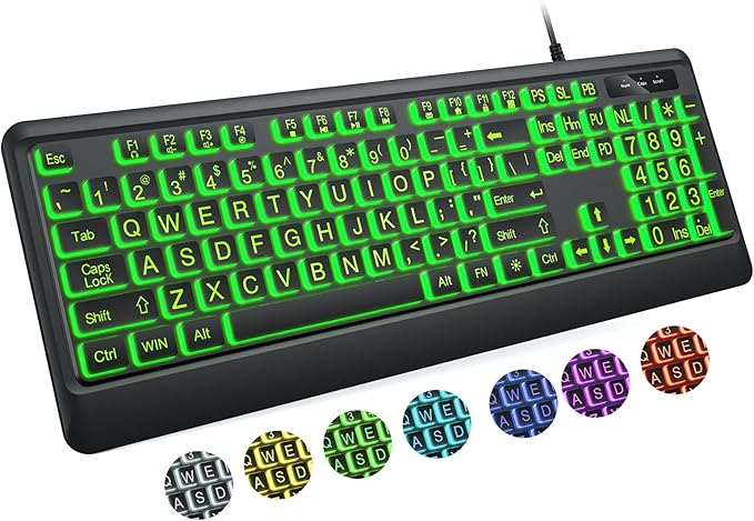 Large Print Keyboard - 7 Interchangeable Backlight Colors, Light Up USB Wired Computer Keyboards, USB Plug-and-Play, Foldable Stands, Corded Full Size Keyboard for Windows, PC, Laptop