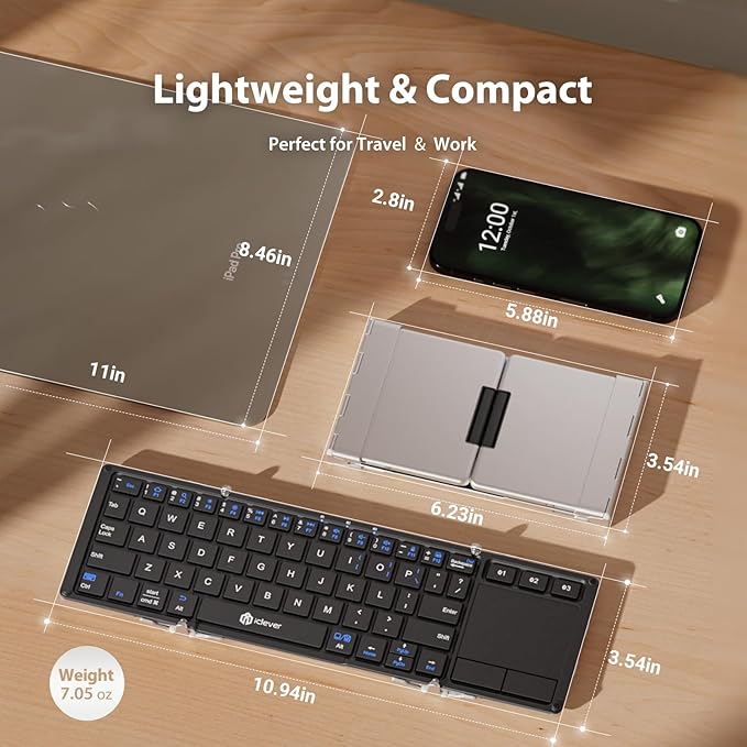 iClever Foldable Keyboard, BK08 Foldable Bluetooth Keyboard with Touchpad, Aluminum Build, USB-C Charge, Equipped with Stand Holder and Carrying Bag, Portable for Laptop, iPad, iPhone, Silver