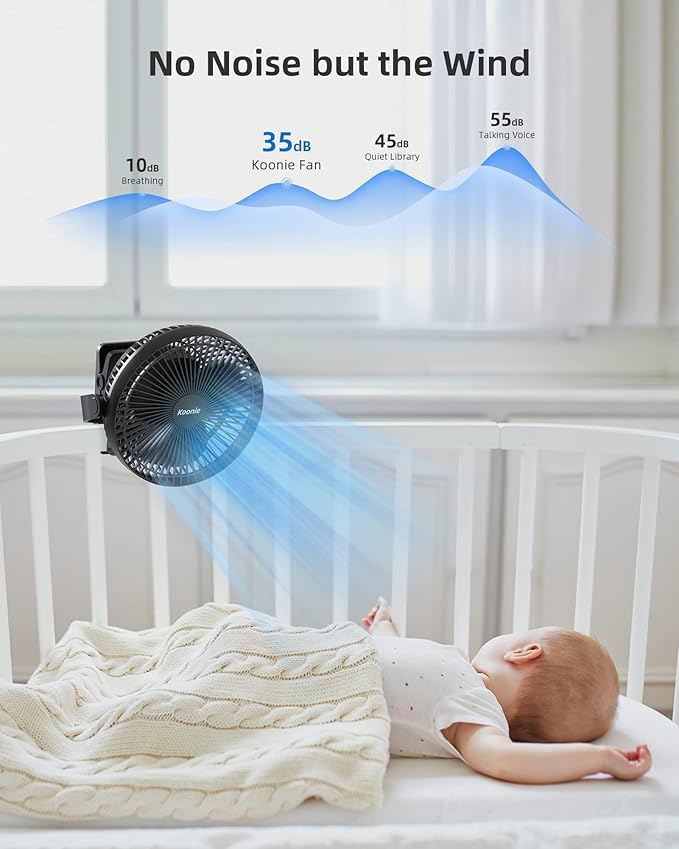Koonie 10000mAh Clip on Fan Rechargeable, 8-Inch Battery Operated Desk Fan, USB Fan, 4 Speeds, Strong Airflow, Sturdy Clamp for Golf Cart Office Desk Outdoor Travel Camping Tent Gym Treadmill,Black